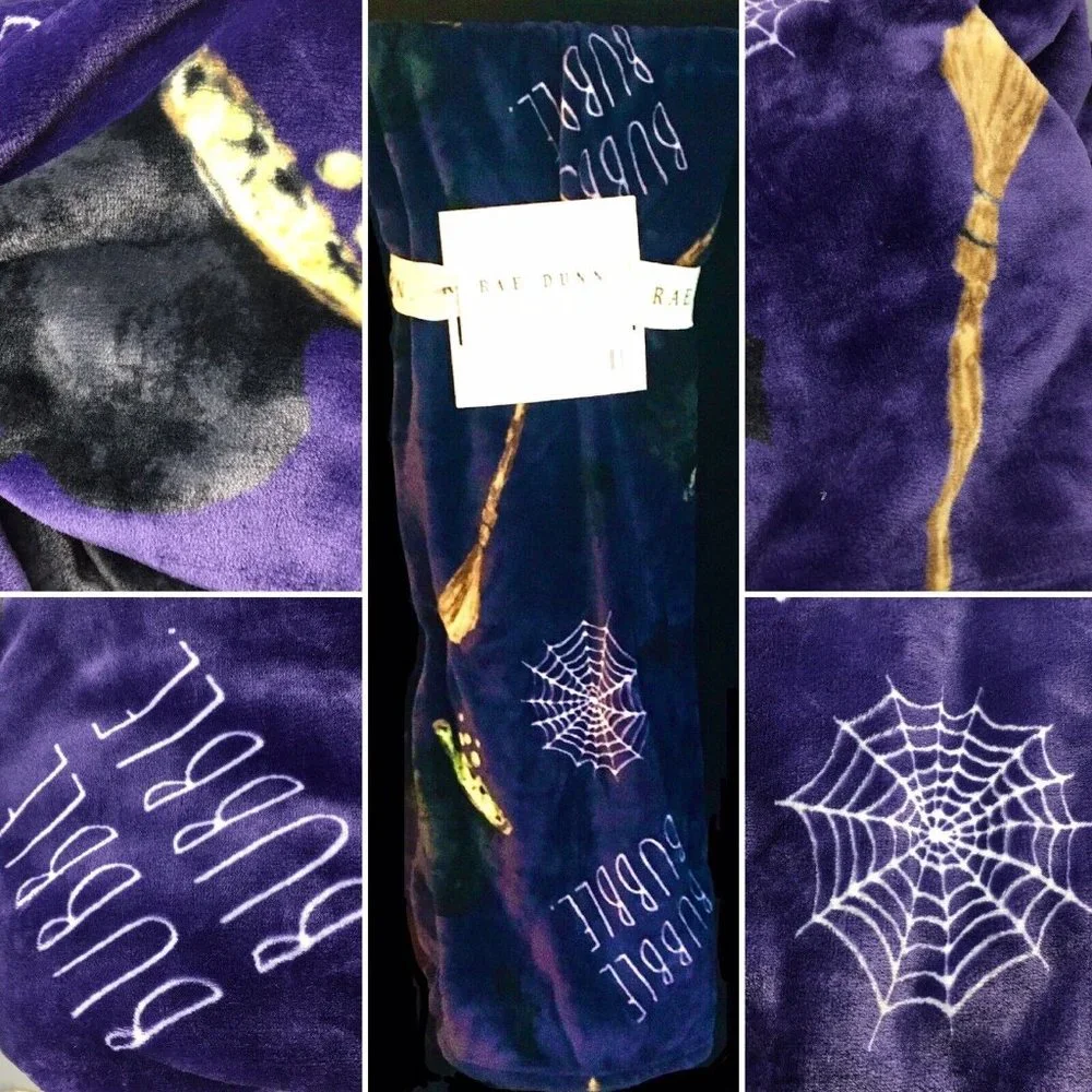 Rae Dunn Halloween BUBBLE BUBBLE TOIL & TROUBLE Throw Blanket Witch Cauldron Web